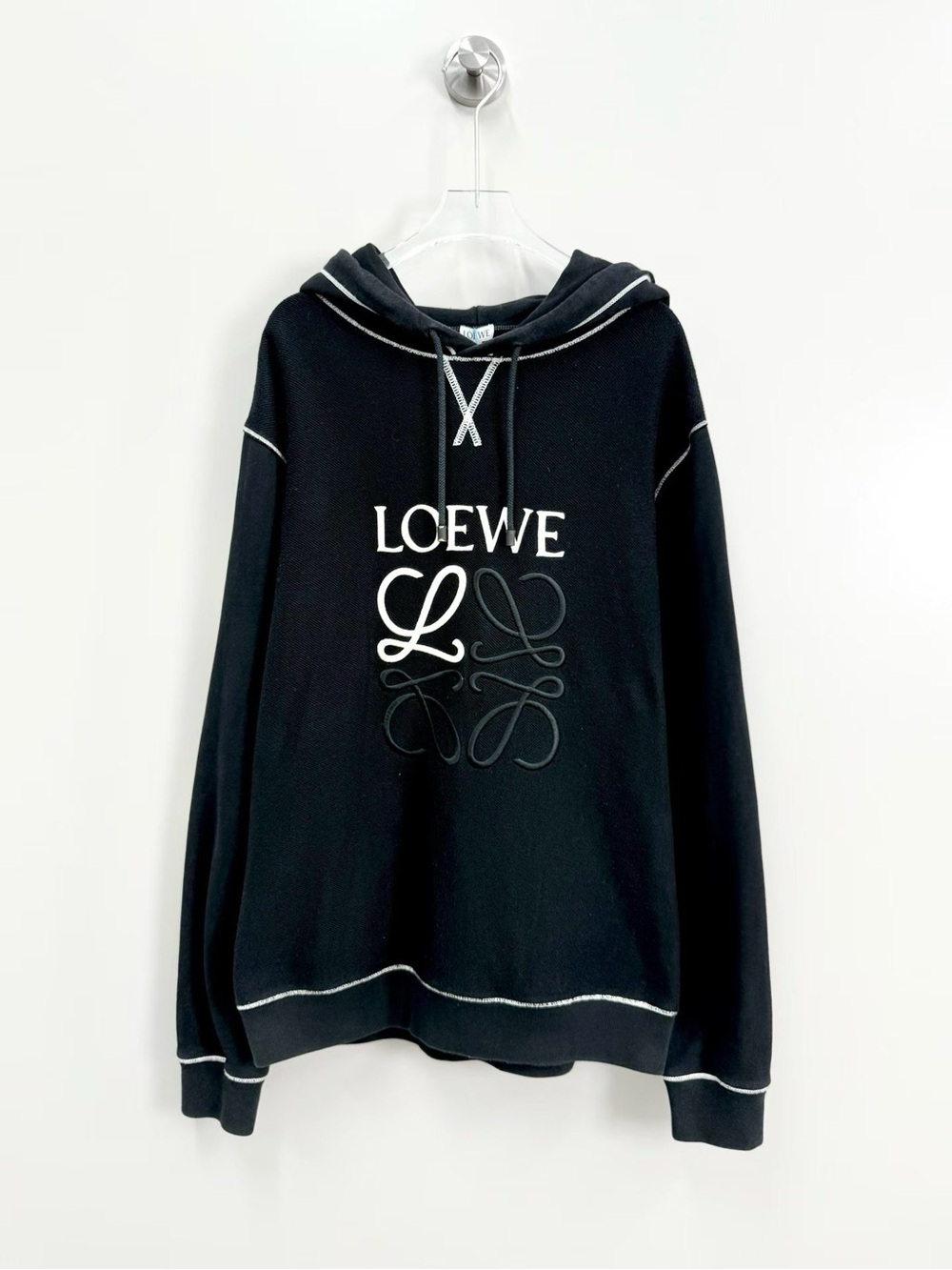 Loewe Black Crewneck Hoodie with White Logo Embroidery